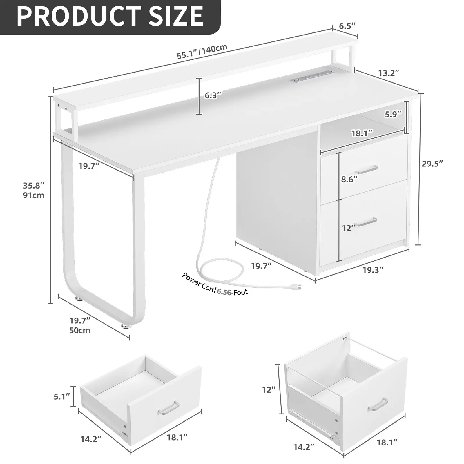 55" Computer Desk with Power Outlets & LED Lights Home Office Desk Writing Table