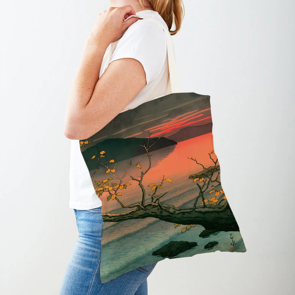 Japanese Painted Fuji Mountain Architectur Women Shopping Bags Casual Canvas Handbag Art Decor Music Shopper Bag Lady Tote