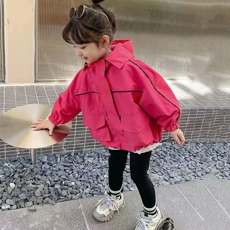 Girls Fashion Hooded Jackets 2024 New Kids Autumn Coats Children Spring Casual Zipper Trench Toddler Trends Solid Colour Clothes
