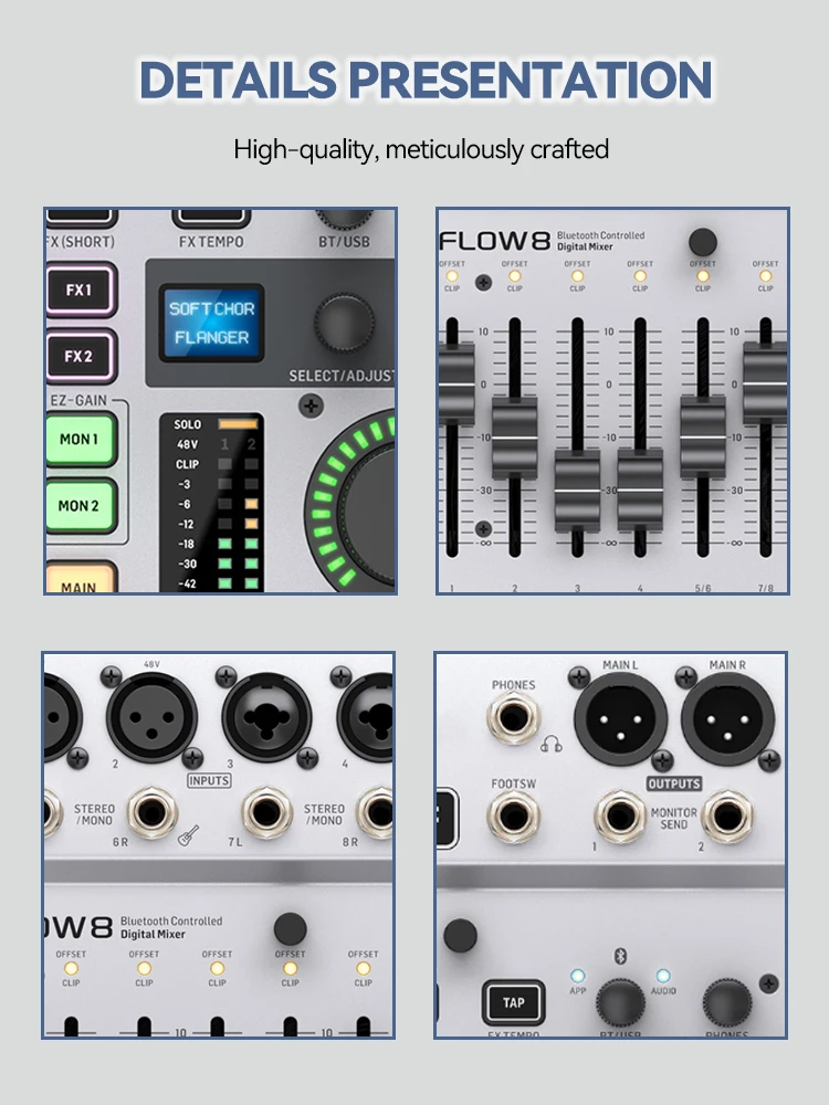 Paulkitson FLOW 8 Tragbarer Digitaler Audio-Mixer Bluetooth APP Fernbedienung Duale FX-Effektgeräte OTG Stereo für Live-Streaming Band DJ Bühne – Detail 9