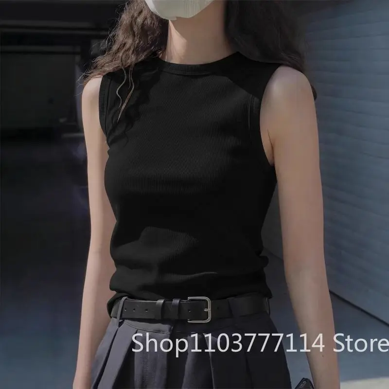 Damen Sommer Mode Rundhals Ärmellose Weste Weiche Einfarbige Trägerbluse Koreanische Version Schlanke Passform Vielseitige Damenkleidung – Detail 4
