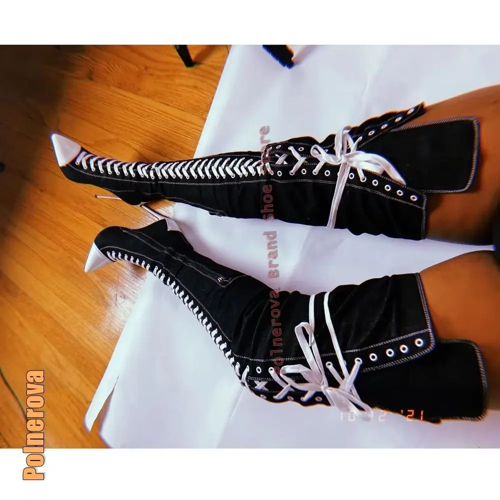 

Black and White Sexy Spicy Girl Sexy Long Boots Canvas Cross Tied Over The Knee Boots Pointed Roe Stiletto Side Zip Street Style