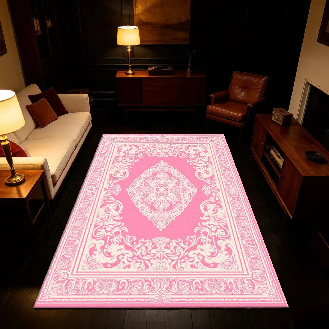Pink Vintage Baroque Medallion Carpet Anti-Slip Ornate Floral Floor Rug For Living Room Bedroom Home Decor