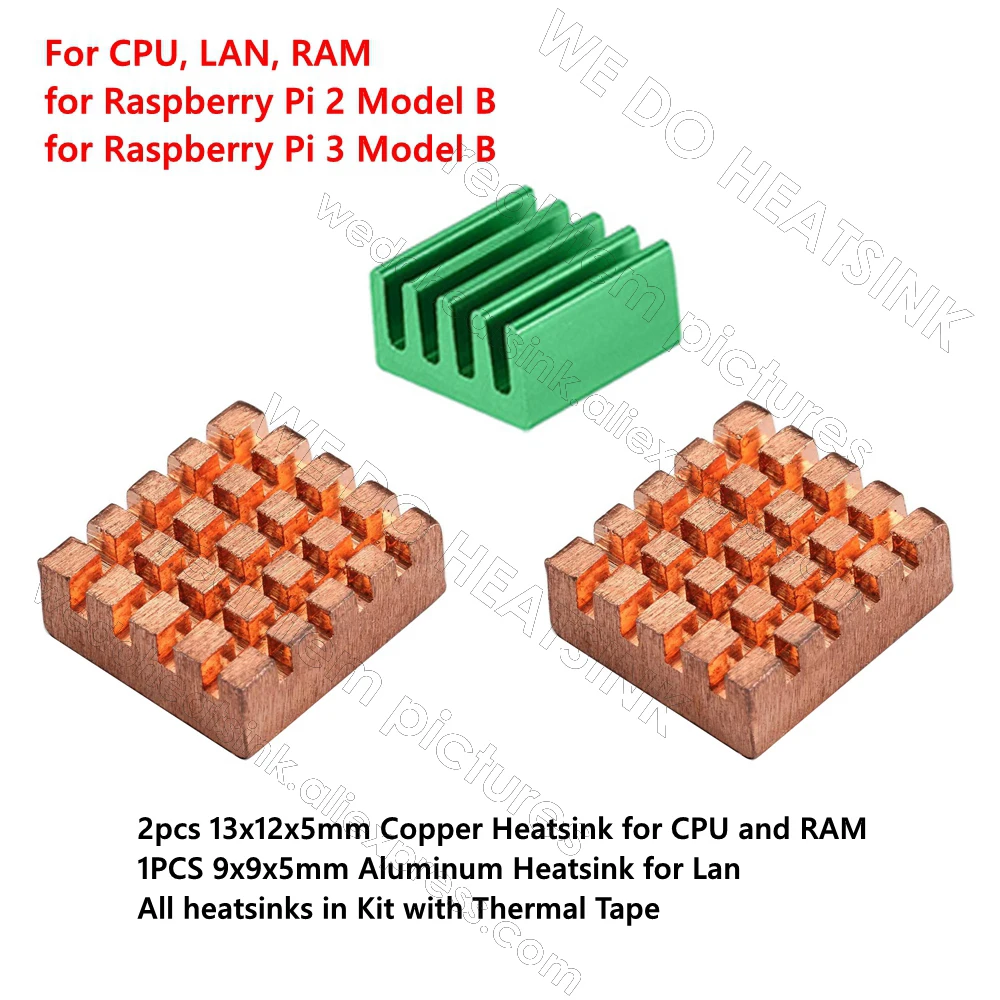 3pcs Copper and Aluminum Heatsink Set Cooling Cooler Kit Radiator With Thermal Tape Assembly For Raspberry Pi 2 / 3 Model B