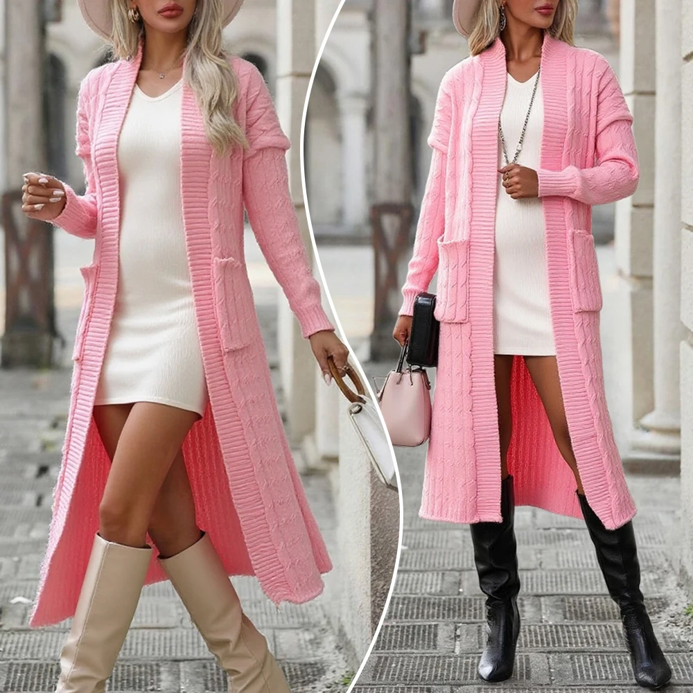 2025 New Women's Fashionable Casual Cardigan Sweater Long Sleeve Solid Color Long Knit Cardigan Autumn Winter Amazon Style