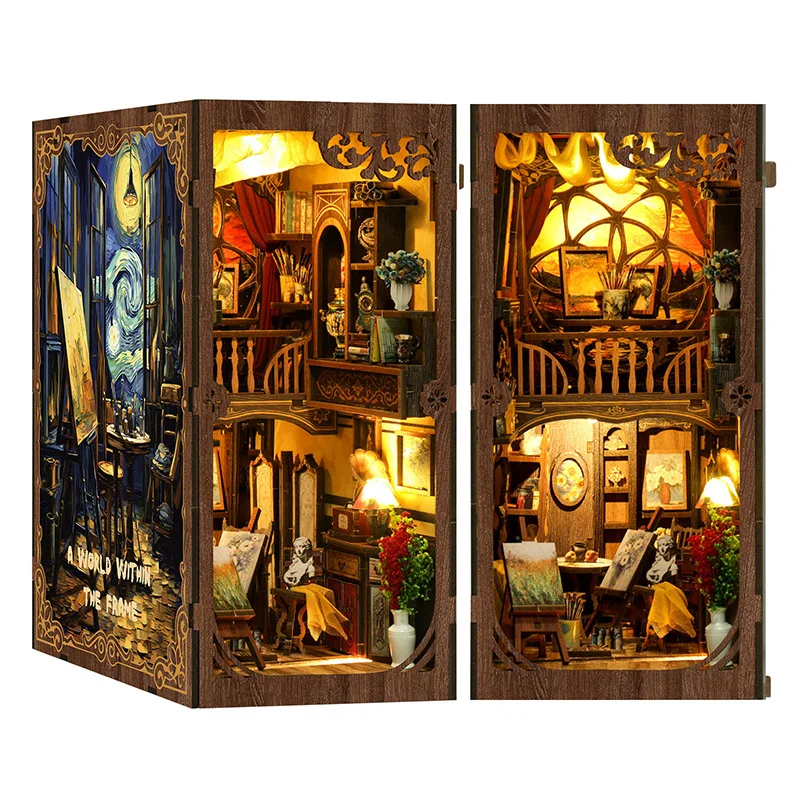 OUZEY Kit de bricolage de coin de livre en bois 3D - Modèle miniature « Un monde dans un cadre » avec figurines, cadeau de décoration d'étagère fait à la main