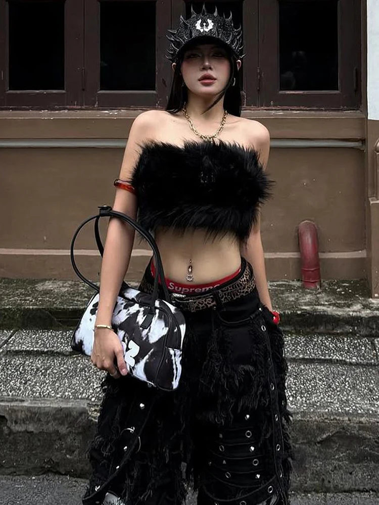 Dziwaczny Kot Dzika Piękność Futrzana Koszulka Bez Rękawów Damska Seksowna Z Frędzlami Bez Rękawów Coquette Impreza Uliczna Klubowa Styl Punk Krótki Top