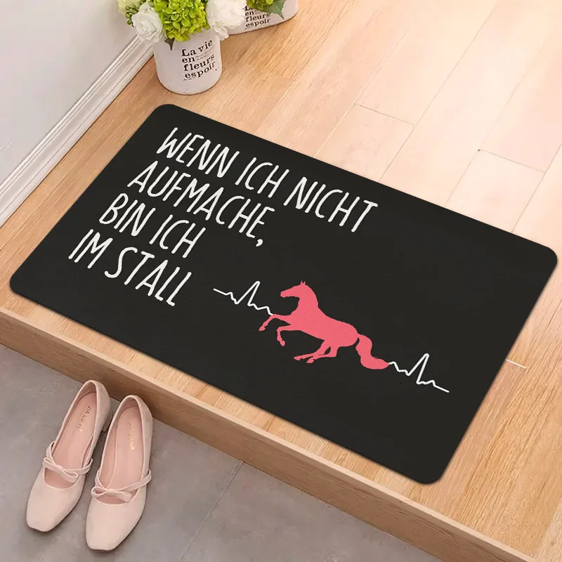 German Phrase Horse Illustration Doormat – “WENN ICH NICHT AUFMACHE, BIN ICH IM STALL” on Black Background,Decorative Entry Mat