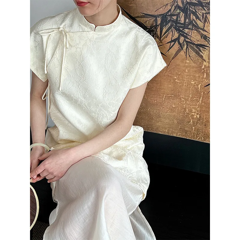 Chinese Style White Bow Plate Buckle Hem Mesh Splicing Loose Cheongsam Dress Women's 2024 Summer Elegant Party Dresses Qipao