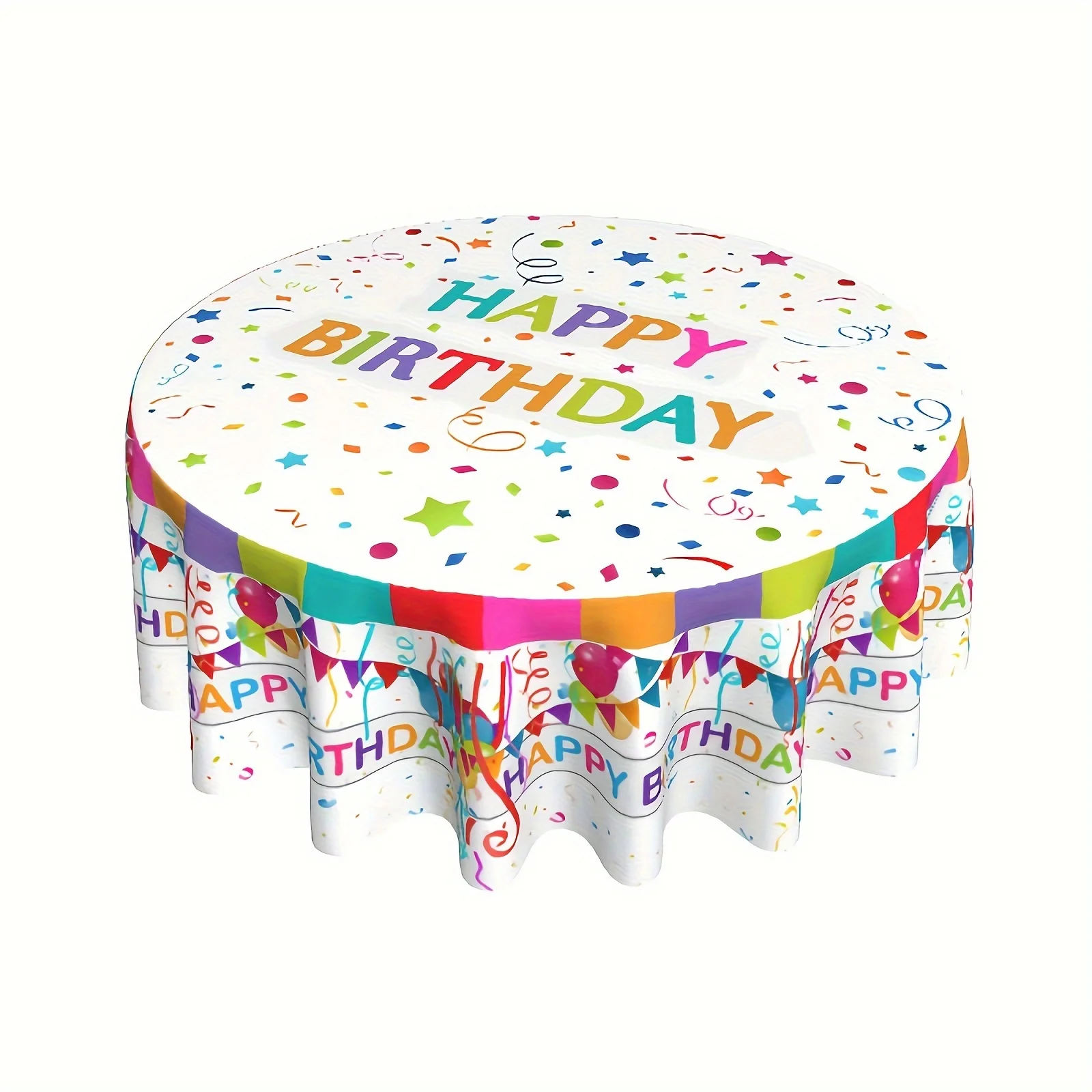 1PC, Polyester Table Cover, Happy Birthday Round Tablecloth, Vibrant Colored Balloons Small Flags Stars Colorful Decorative Tabl