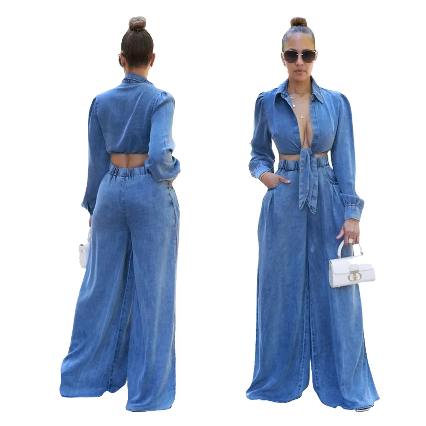 Denim Women\'s Set tie up Long Sleeve shirt and Pocket Loose Jeans Pants 2024 street Two 2 Piece Sets Outfits Tracksuit