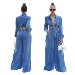 Denim Women's Set tie up Long Sleeve shirt and Pocket Loose Jeans Pants 2024 street Two 2 Piece Sets Outfits Tracksuit