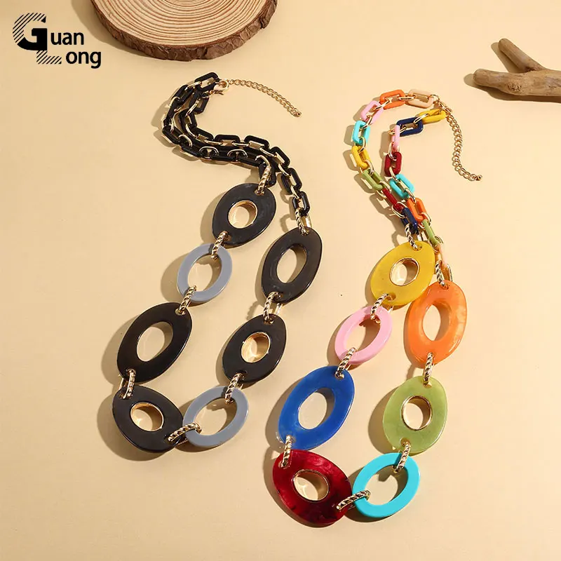 GuanLong Trendy Large Colorful Resin Chain Necklace For Women Long Round Exaggerated Necklace Female Bohemia Accessories Vintage