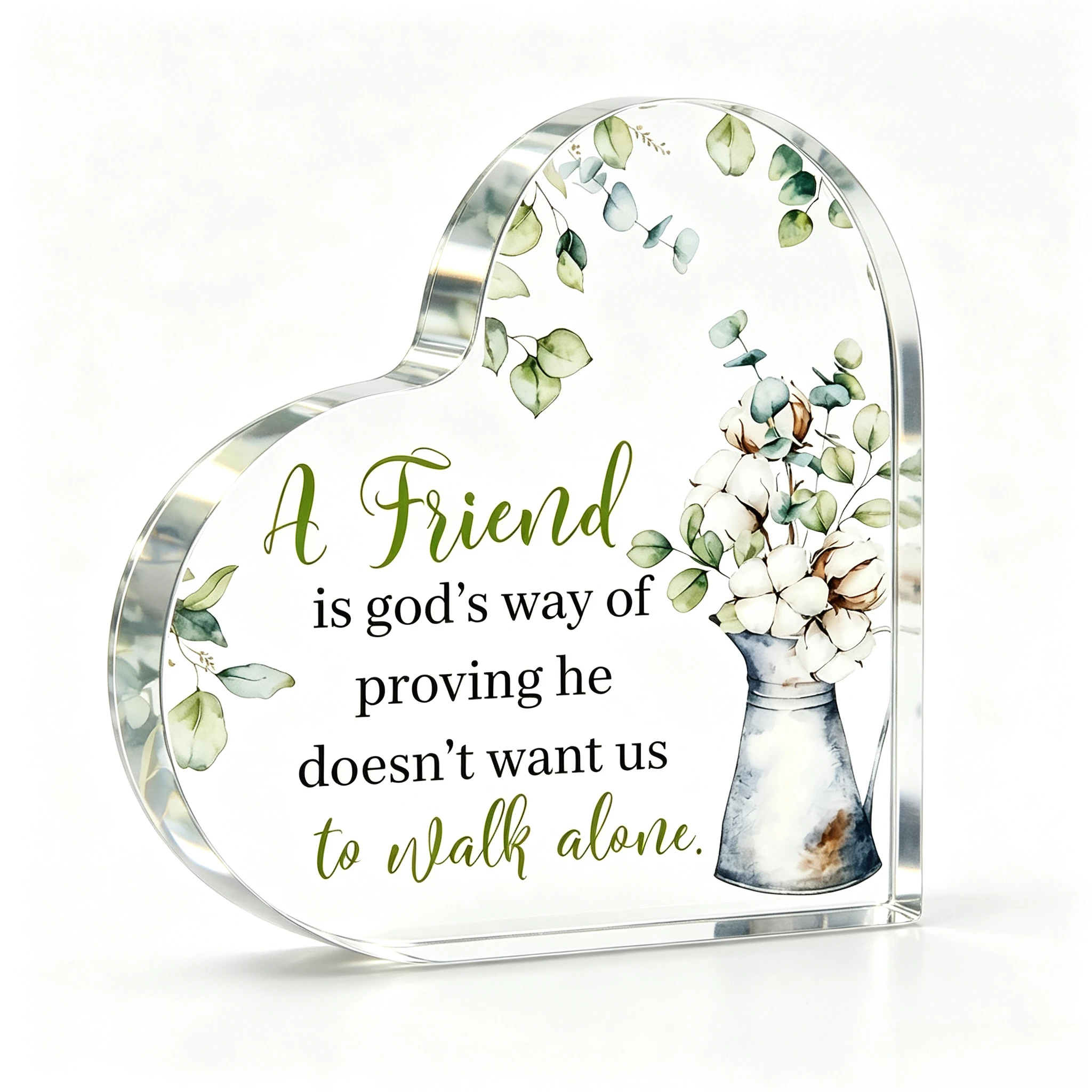 A Friend Is God’s Way Heart‑Shaped Acrylic Tabletop Plaque, Eucalyptus Cotton Vase Faith Friendship Desk Keepsake Gift
