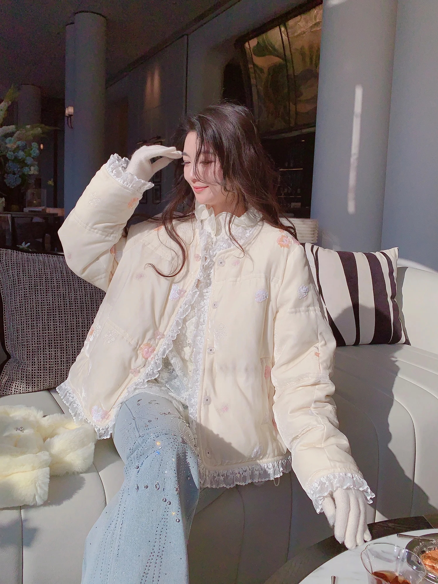 

Женское зимнее теплое пальто MissLuxury из натурального шелкового бархата с гусиным пухом, новая модель в китайском стиле, с длинными рукавами