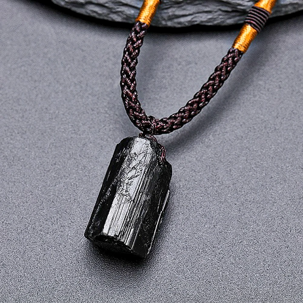 Black Tourmaline Column Pendant Rough Stone Natural Stone Necklace Ornament Crystal Thick Black Healing Energy Jewelry Gift