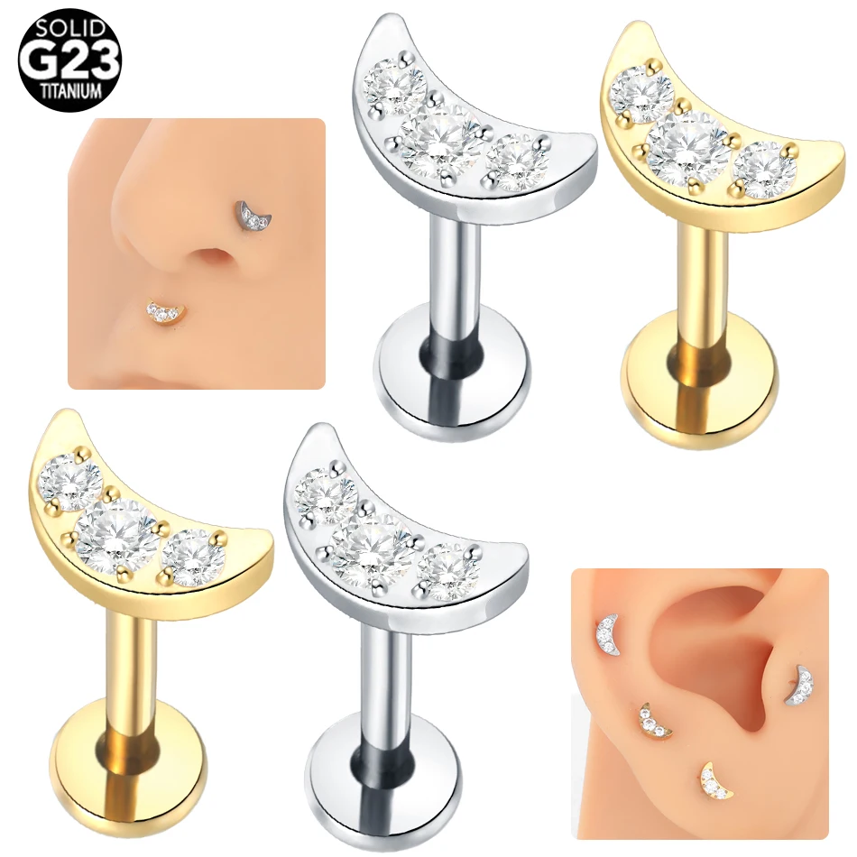 1Pc G23 Titanium Internal Thread Ear Tragus Piercing Helix Ear Studs Earrings for Women Crystal Moon Butterfly Labret Piercing