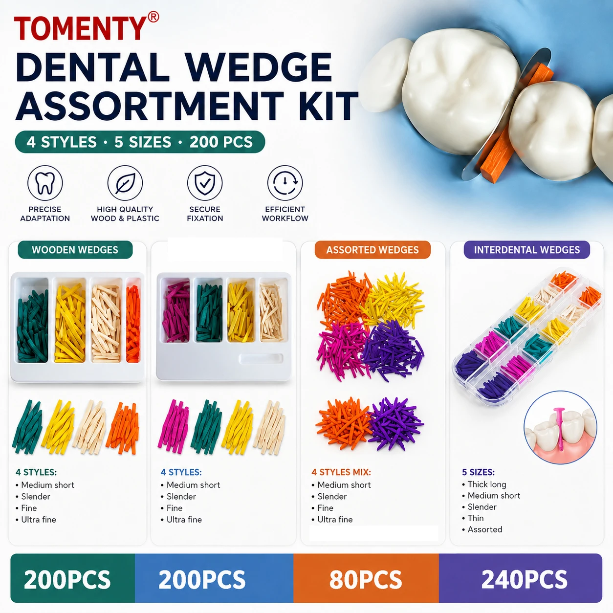 Dental Wood Wooden Wedges Matrix Dam Composite Tooth Seperator Tools Colorful Disposable Restoration Material for Dental Care