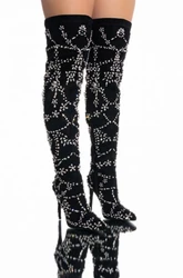 Luxury Crystal Embellished Black Stiletto High Heels Over knee Elasticity Boots Women Pointed Toe Side Zipper Dress Stage Shoes