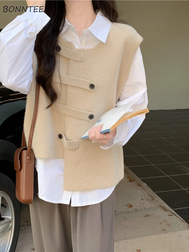 

Knitted Vests Women Designed Irregular All-match Solid All-match Spring Autumn Sleeveless Outwear Korean Fashion Aesthetic Ins