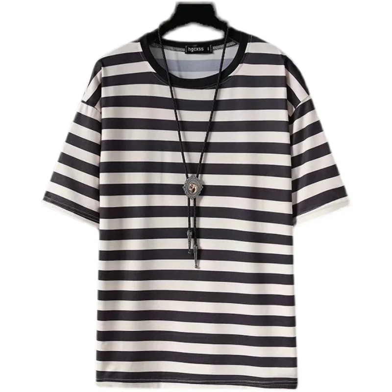 Summer New Sle Men's ort Sve T-irt Silk Cotton Ice Silk f Sve Striped Sea Soul Printed Loose Fit Casual Top