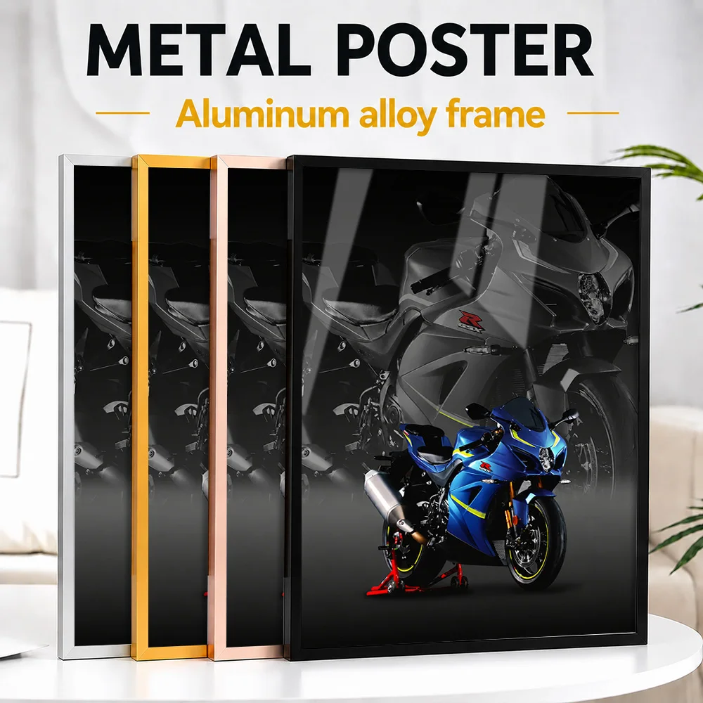 Blue Japanese GSX-R1000R Motorcycle Framed Metal Print Personalized Layered Collage Wall Art For Garage, Motorcycling Fan Gift