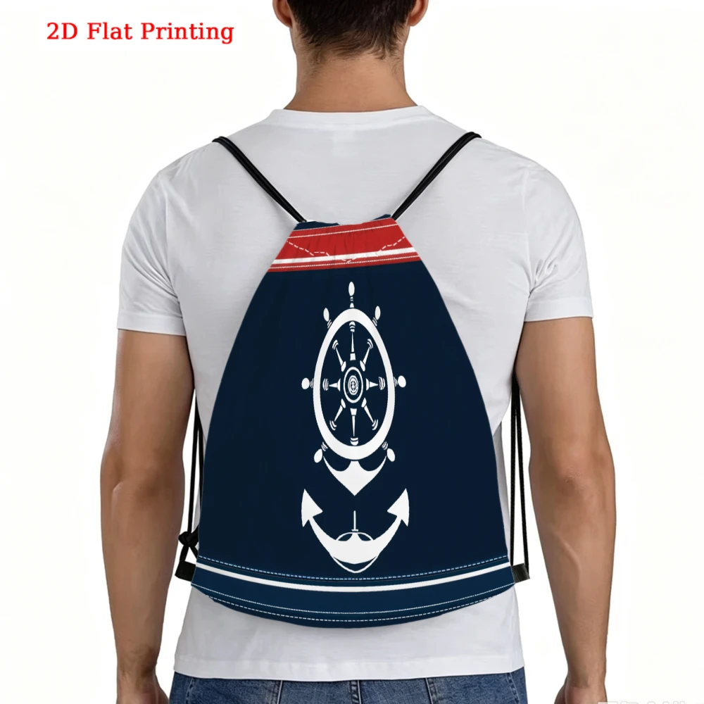 Nautical Style Drawstring Backpack, 2D Flat Printing Anchor Wheel Pattern, Gym Sports Bag, Outdoor Travel Drawstring Pack