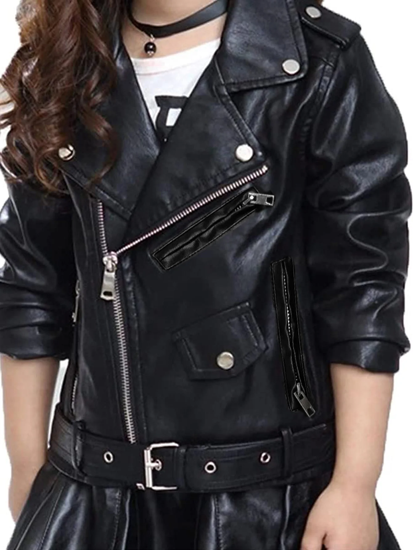 Girls Leather Jacket Kid Outwear Solid Color Zipper Faux Leather Spring Autumn Pu Jacket