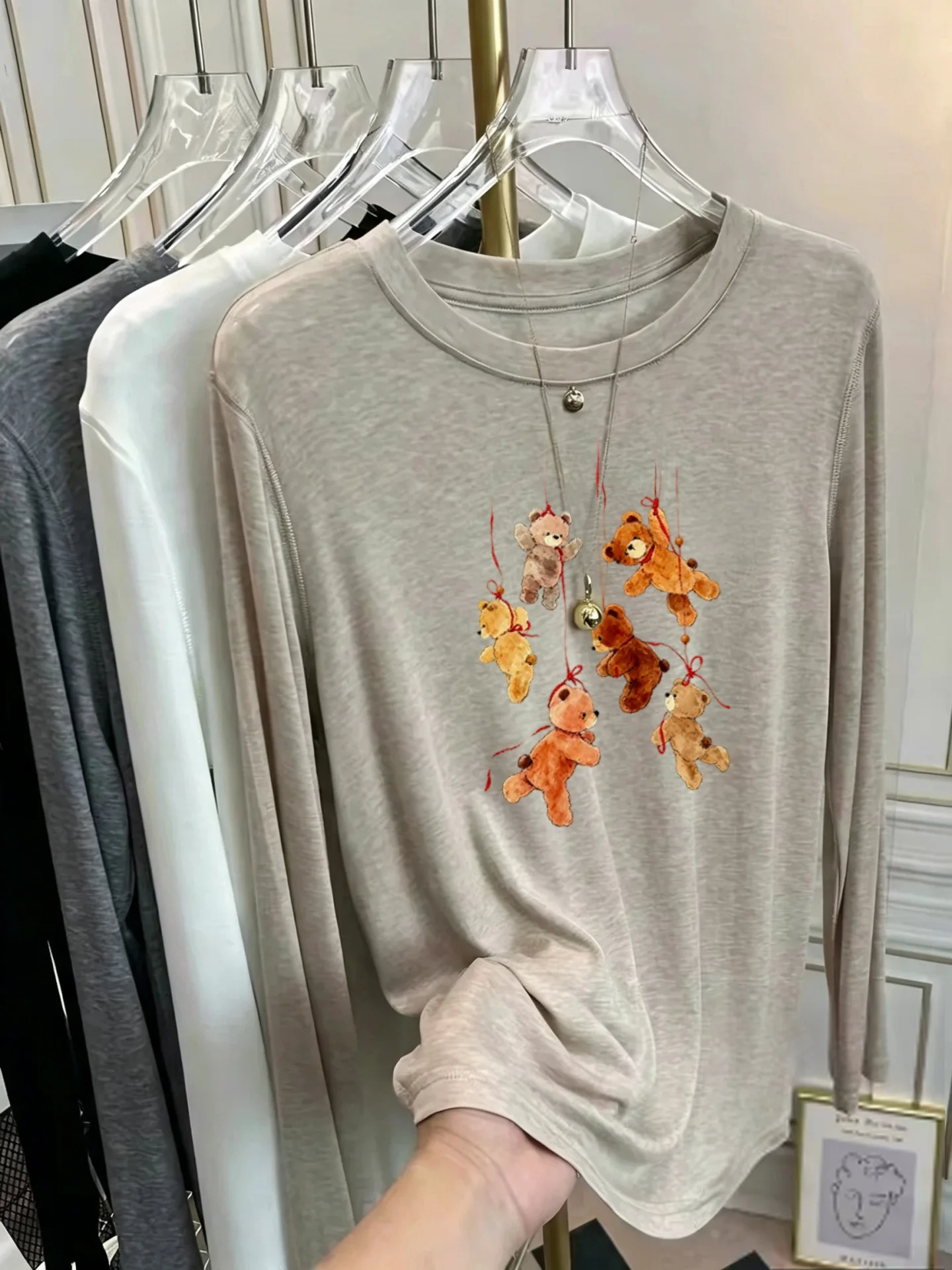 Korean Style Women's Long Sleeve T-Shirt Soft Sunscreen Print Thin Mask Base Shirt Early Autumn Fashionable Cotton Tee