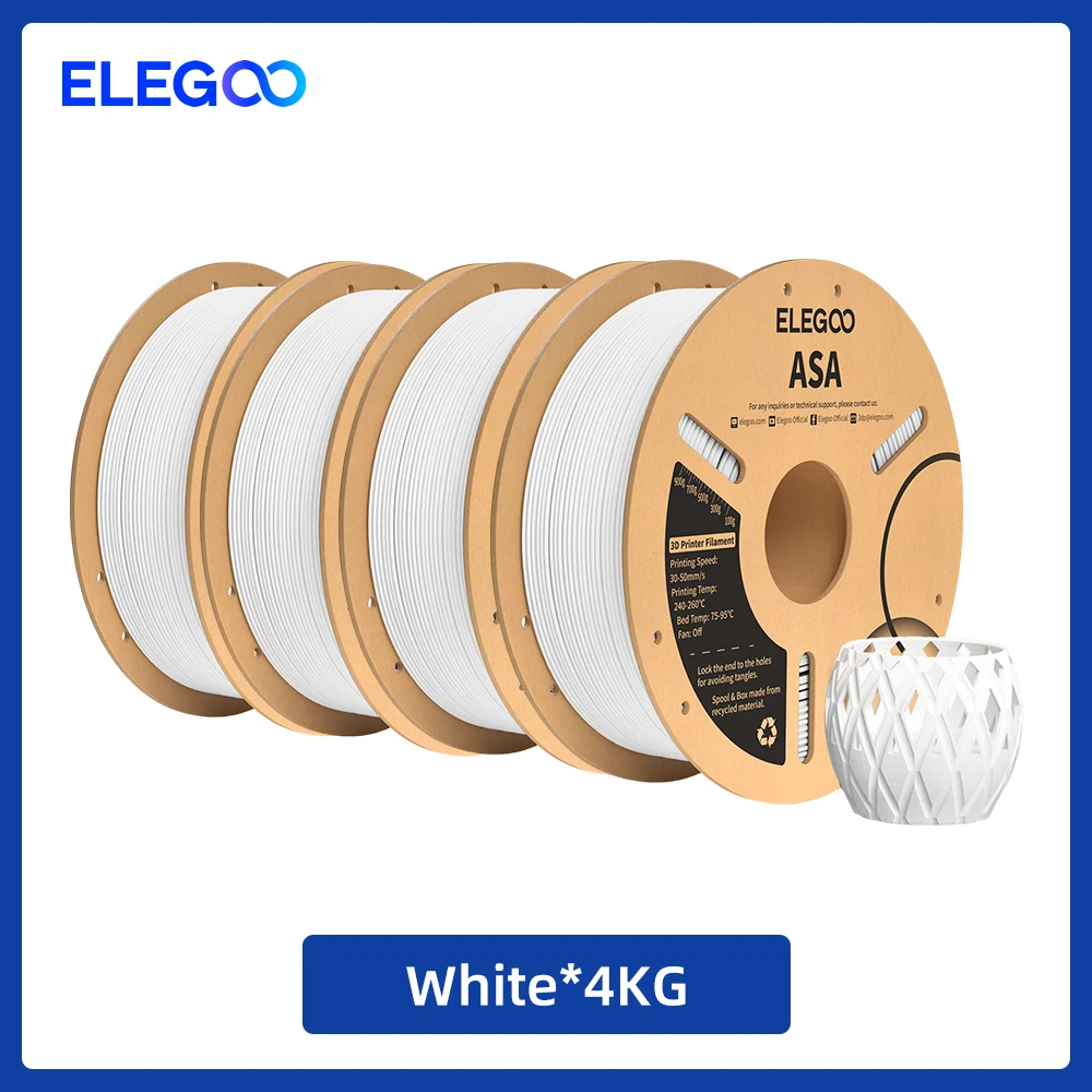 ELEGOO ASA-Filament 1,75 mm 1 kg, UV- und wetterbeständiges 3D-Drucker-Filament, perfekt für Funktionsteile im Freien, 1 kg, Schwarz, Weiß