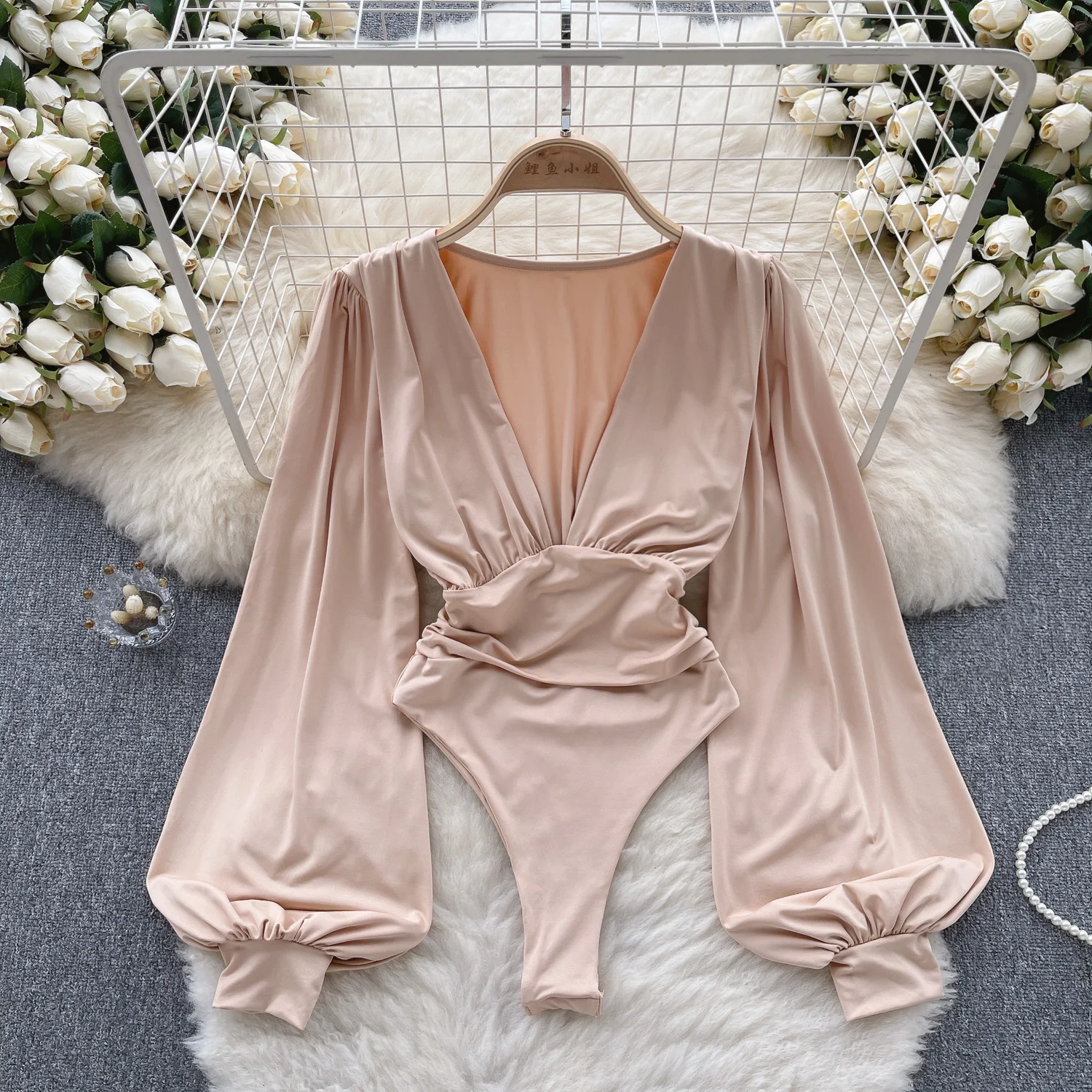 Elegant Deep V Neck Women's Bodysuits Solid Color Spring Summer Long Lantern Sleeve High Waist Slim Club Party Body Tops