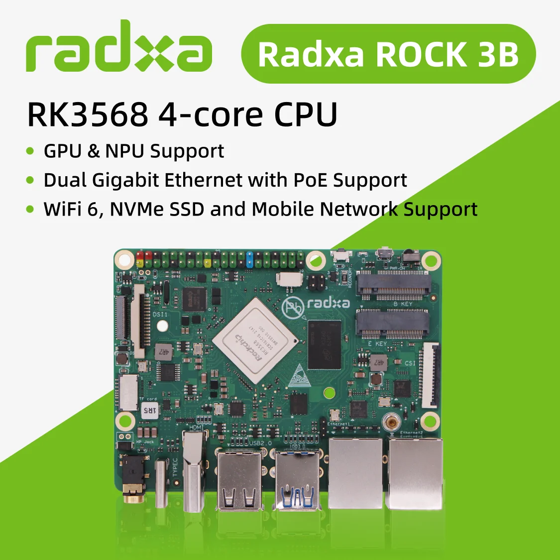 Radxa ROCK 3B RK3568J 4-core CPU SBC, Industrial Grade, and HDMI with 4K Output,Radxa ROCK 3B RK3568 4-core CPU SBC,