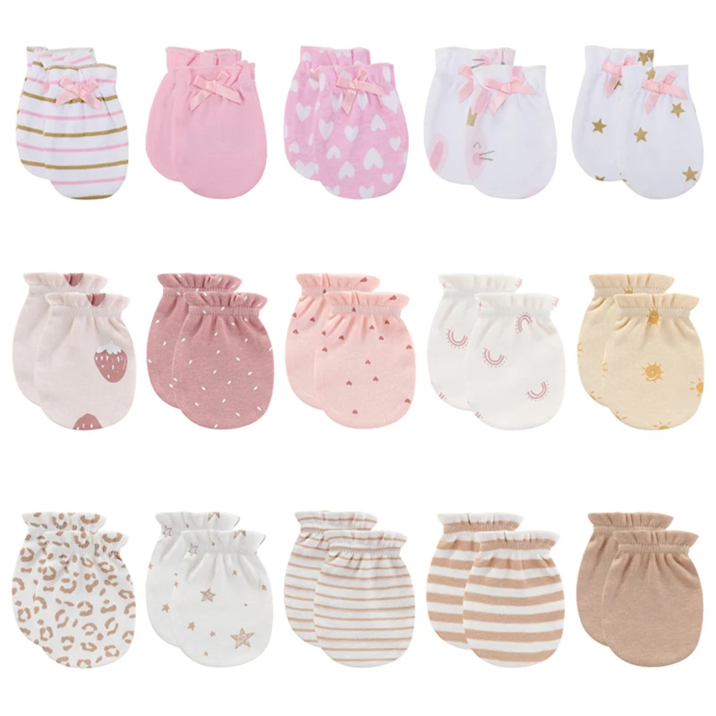 Fetchmous Unisex Newborn Baby Girl Anti-Grabbing Mittens 5Pieces 100%Cotton 0-6M Baby Boy Gloves Print Infant