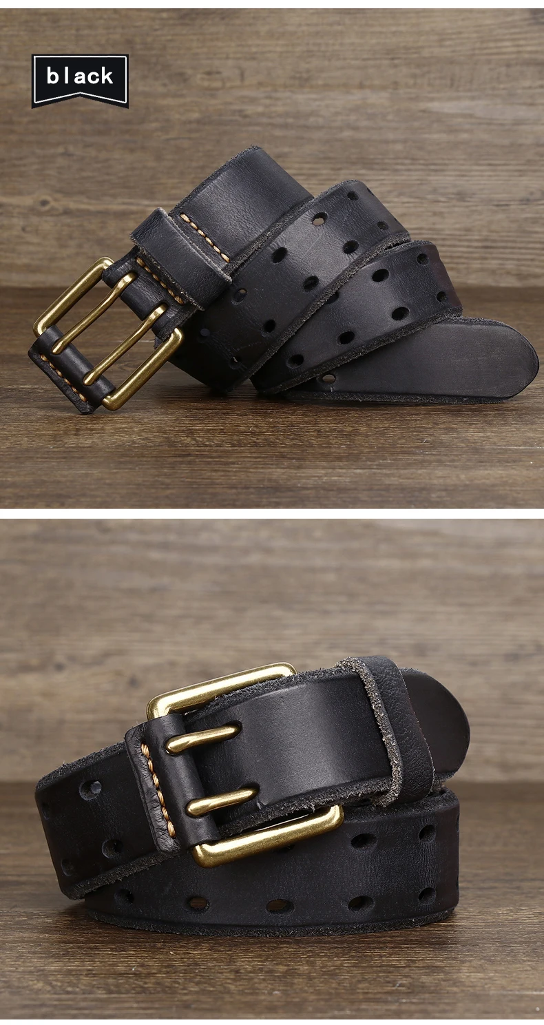 Belt For Men Leather Work Heavy Duty Double Buckles Dlawed Genuine Leather 3.8cm Male Copper Buckle Retro Brown Men's Belt