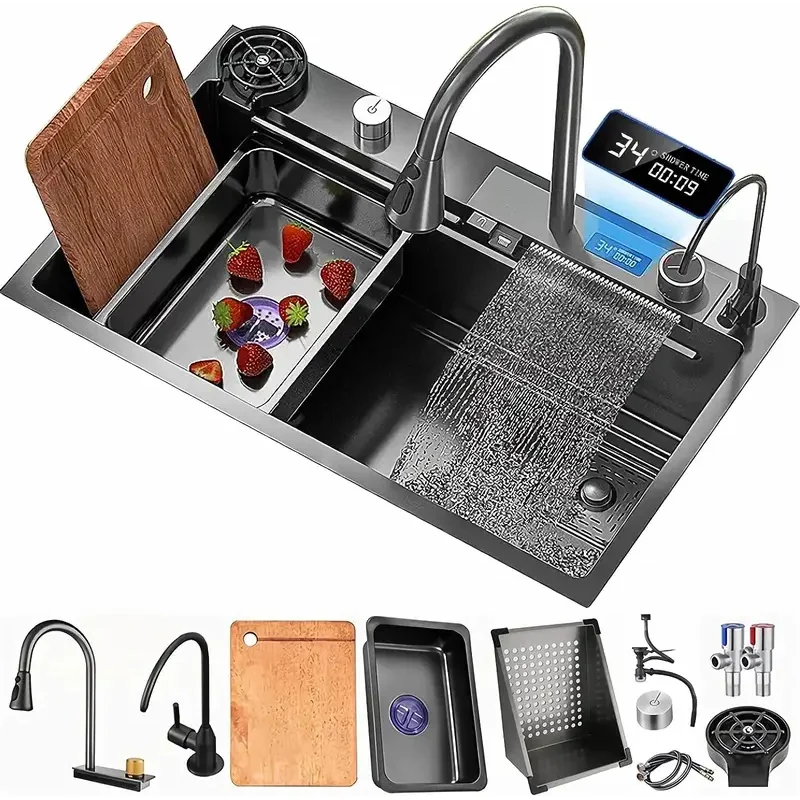 Black Nano Kitchen Sink Waterfall Sink with Pull Down Sprayhead Faucet Single Bowl Drop In Kitchen Sink