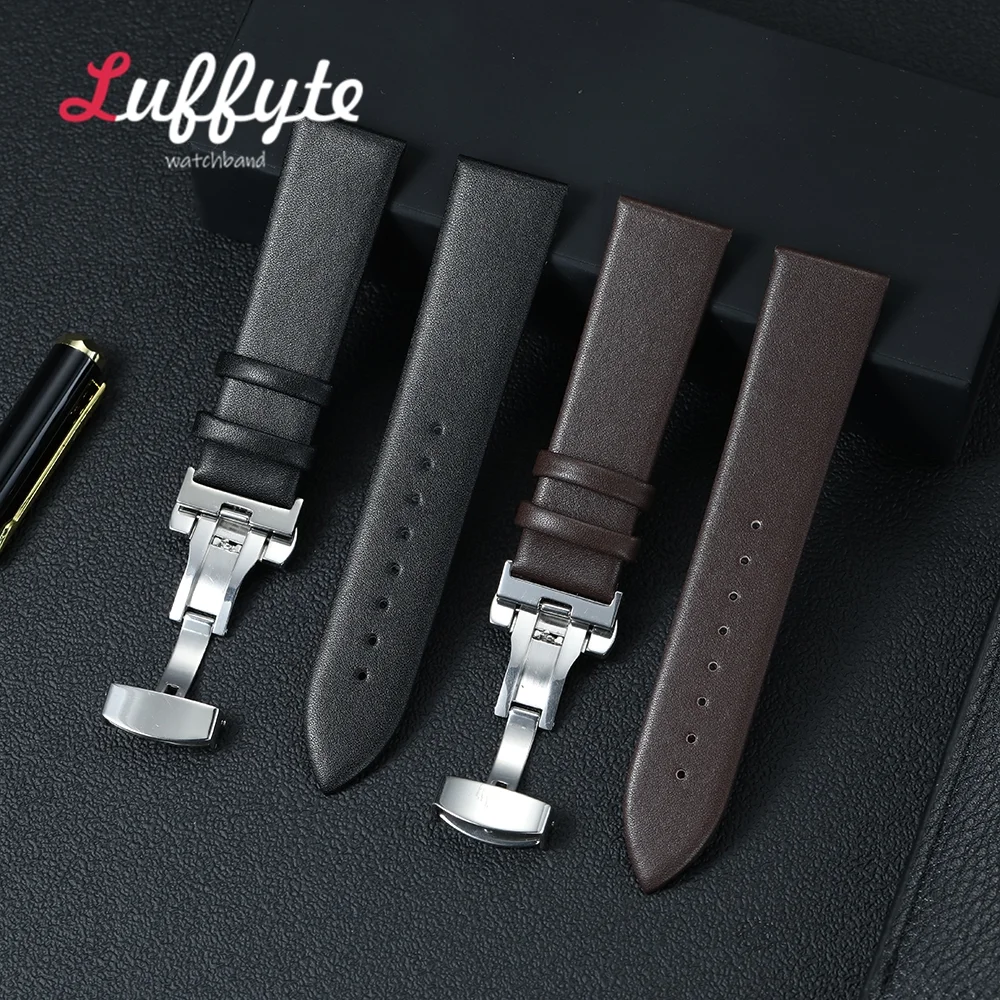 Weiches, ultradünnes Lederarmband, 18 mm, 20 mm, 22 mm, mit Edelstahl-Schmetterlingsschnalle, für Herren und Damen, lässiges Armband