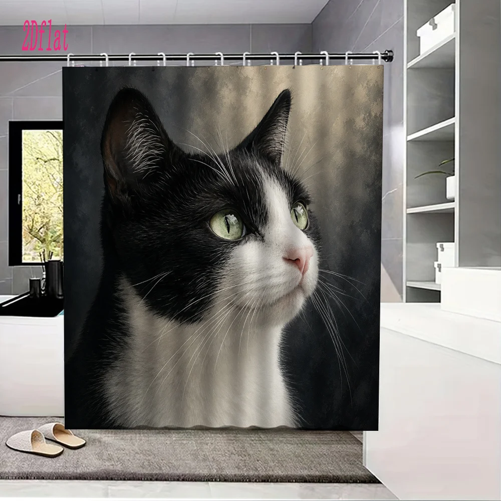 Cute Black and White Cat Portrait Shower Curtain Bathroom Decor Waterproof Pet Lover Gift Curtain Rod Pocket Blackout Curtains