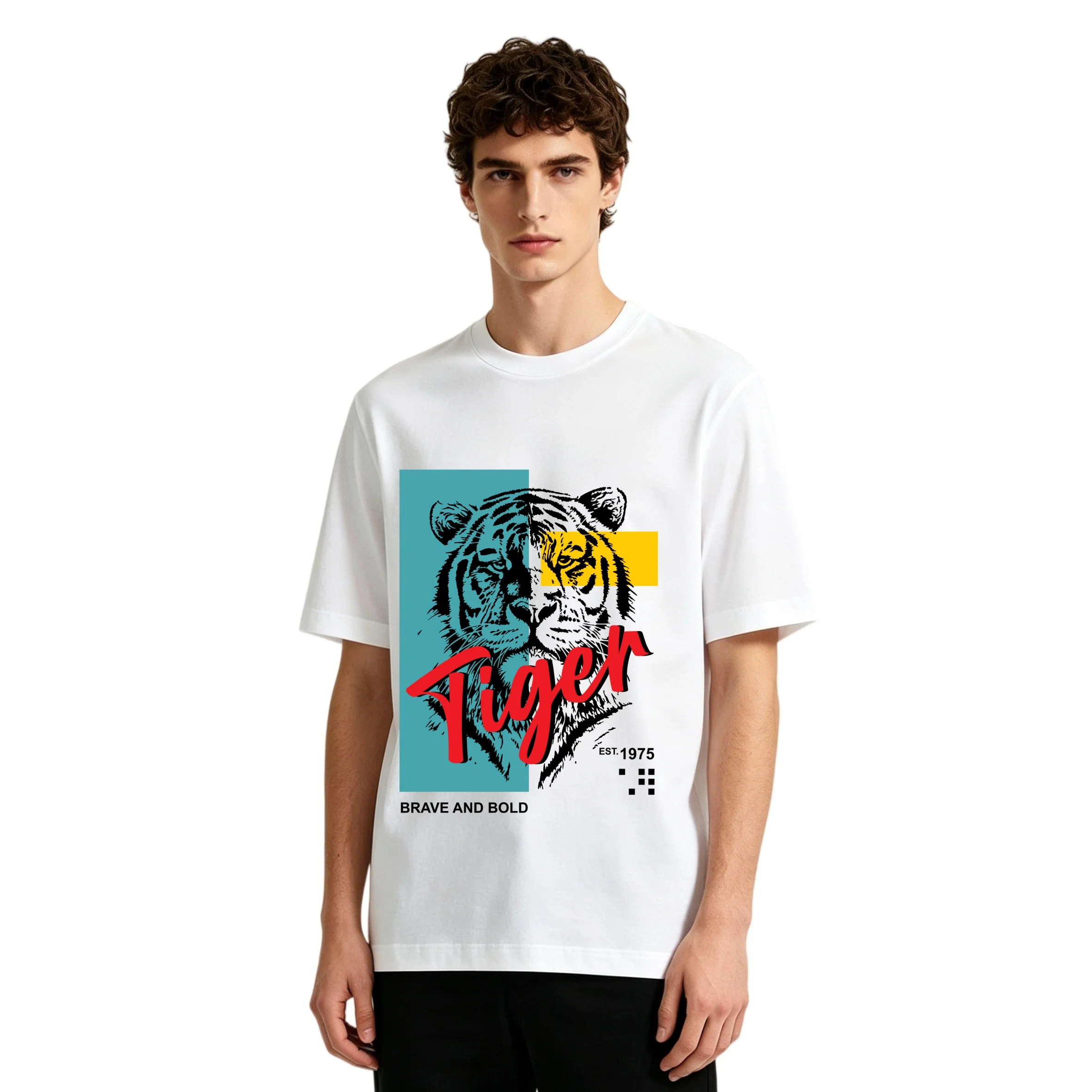 Camiseta Casual de Manga Corta para Hombre 2026, con Estampado de Tigre, Diseño Pop Art, Eslogan 'Brave and Bold', Estilo Vintage, Transpirable y Holgada