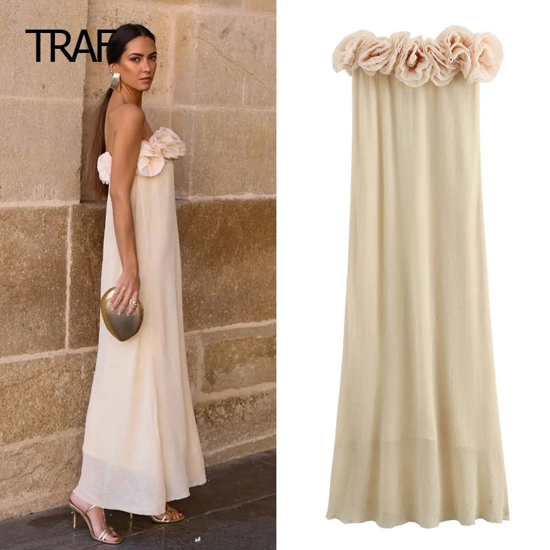

TRAF Strapless Floral Dress Women's Dress Summer 2024 Midi Sleeveless Backless Long Dress One-Piece Luxury Women's Elegant Dress