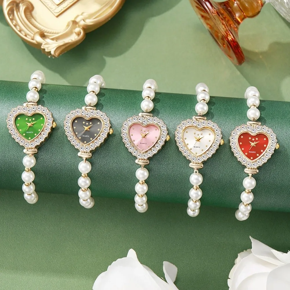 Heart-Shaped Dial Pearl Bracelet Watch Leather Strap Elastic Band Drawstring Bracelet Watch Simple Rhinestone
