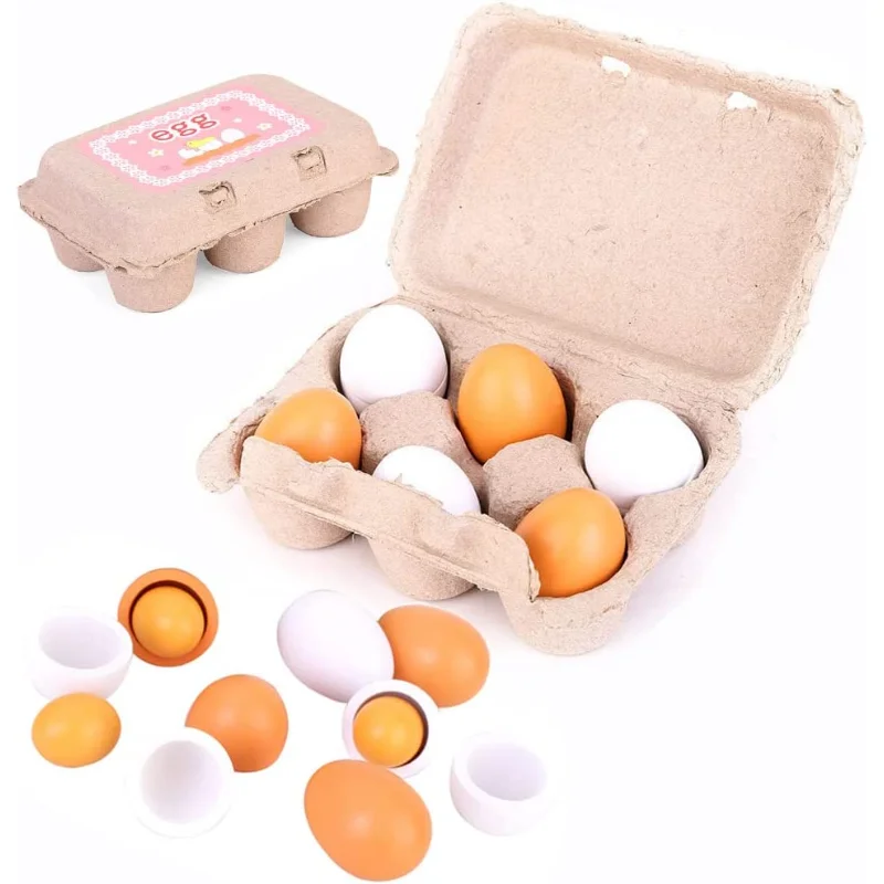 6pcs Wooden Eggs Toy Egg Kitchen Toys Kids Play Food Cooking Kitchen Pretend Play Food Set for Baby Early Development & Learning