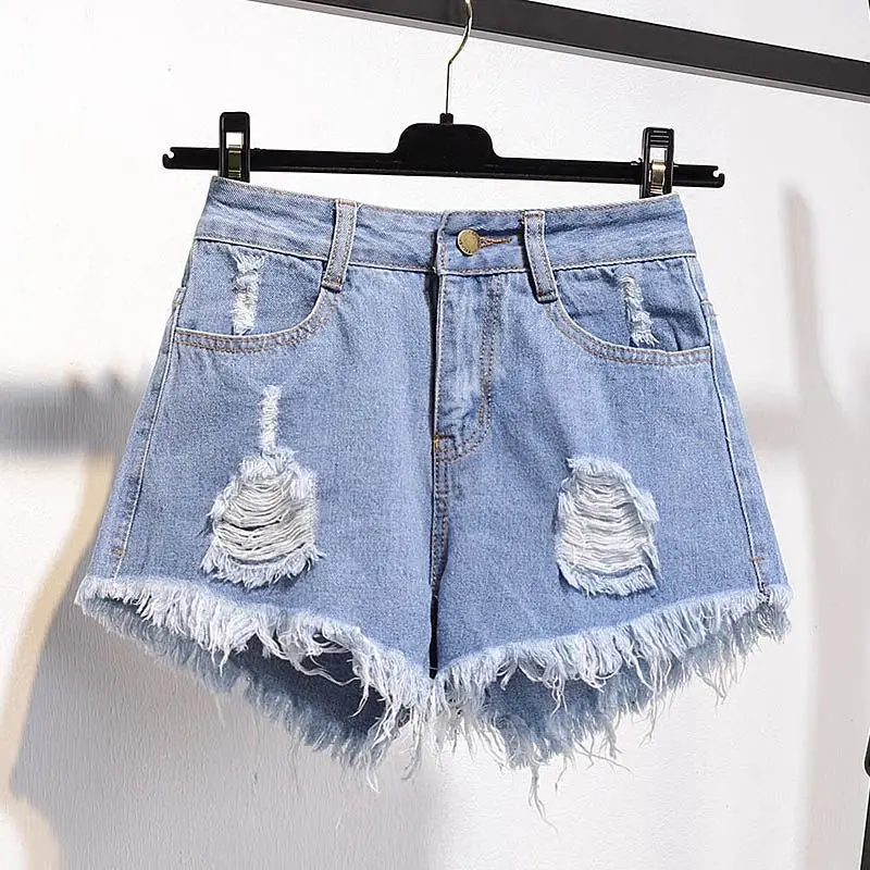 Large Size Denim With Ruffled Shorts Women\'s Summer High Waisted Loose Hole Wide Leg Student A-line Hot Pants Basic Short Jeans