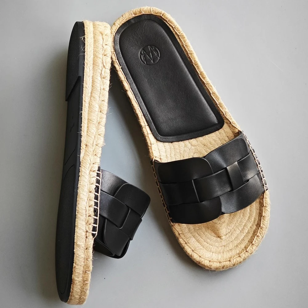 Mrxmus Dutit 2024 Summer New Black Leather Woven Flat Sandals Minimalist jute sandals Lazy people's slippers