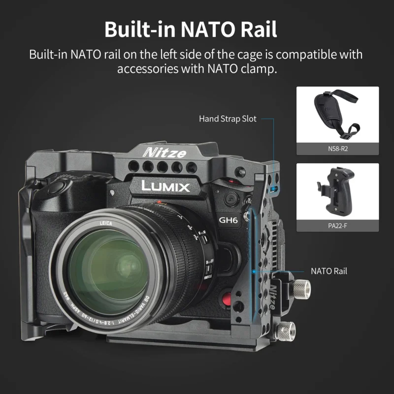 Nitze GH6 Cage for Panasonic Lumix GH6 Camera with HDMI Cable Clamp, Built-in NATO Rail and Arca Swiss QR Plate - T-P02B