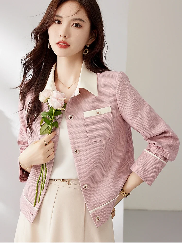 

Vimly Contrast Pink Spring Cropped Jackets Coat for Women 2024 Single Breasted Straight Short Outerwear Womans Clothing M2795