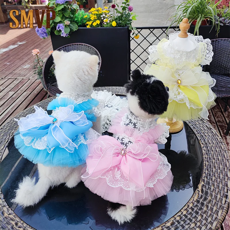 

Sweet Elegant Sky Blue Pink Yellow Puppy Lolita Dress Ruffled Lace and Gem Bow Handmade Summer Dog Costume Puppy Clothes