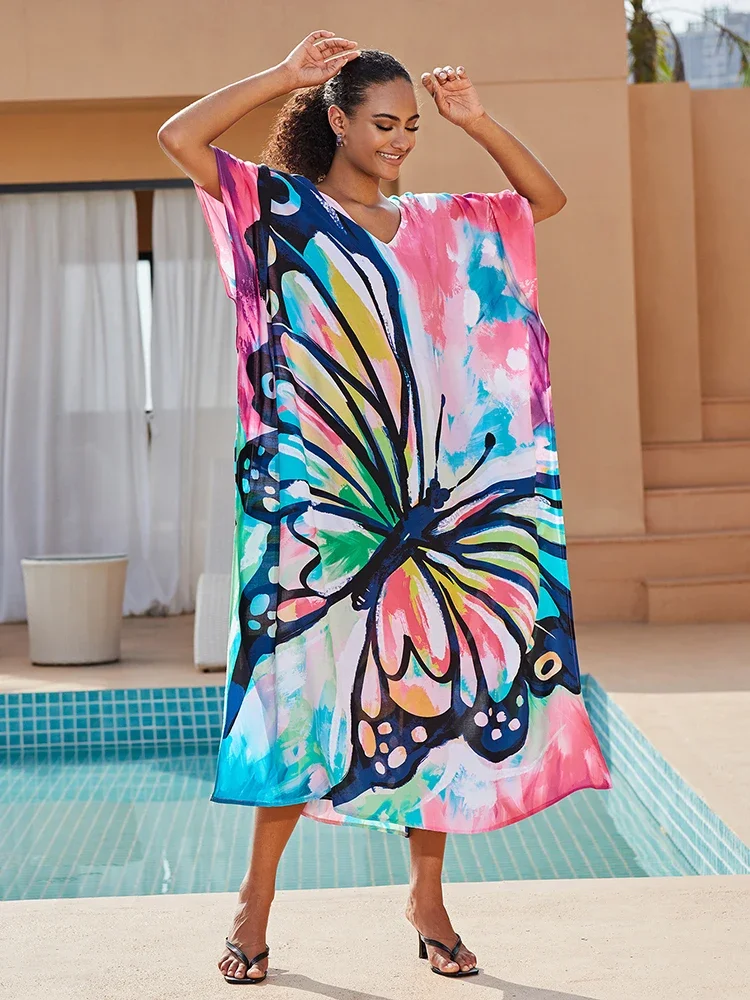 Sunforyou Caftan Dress for Women Butterfly Print Swim suit Cover up  Lightweight Boho Dress RobeTunic for Beach Loungewear