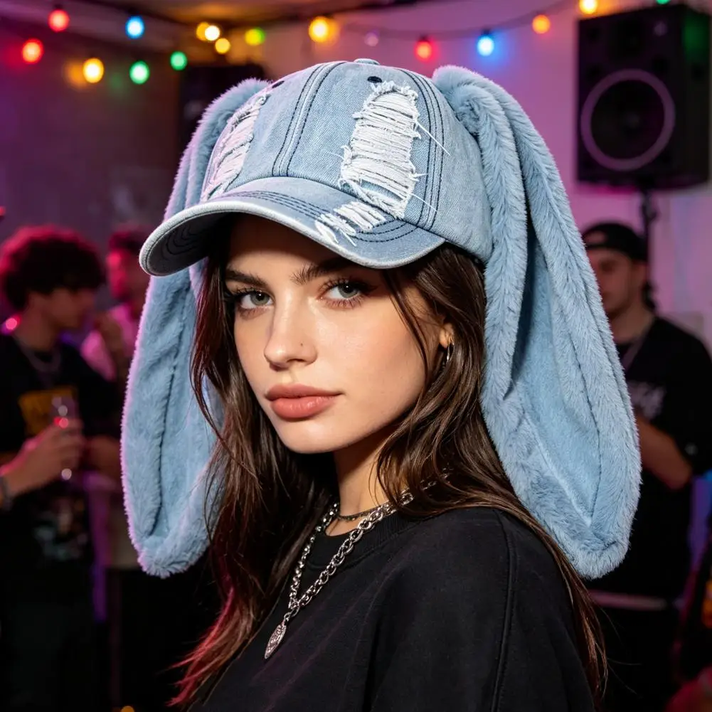 Baseball Cap with Plush Rabbit Ears Washed Lightweight Distressed Peaked Hat for Winter, Long Bunny Ear Baseball Hat 4