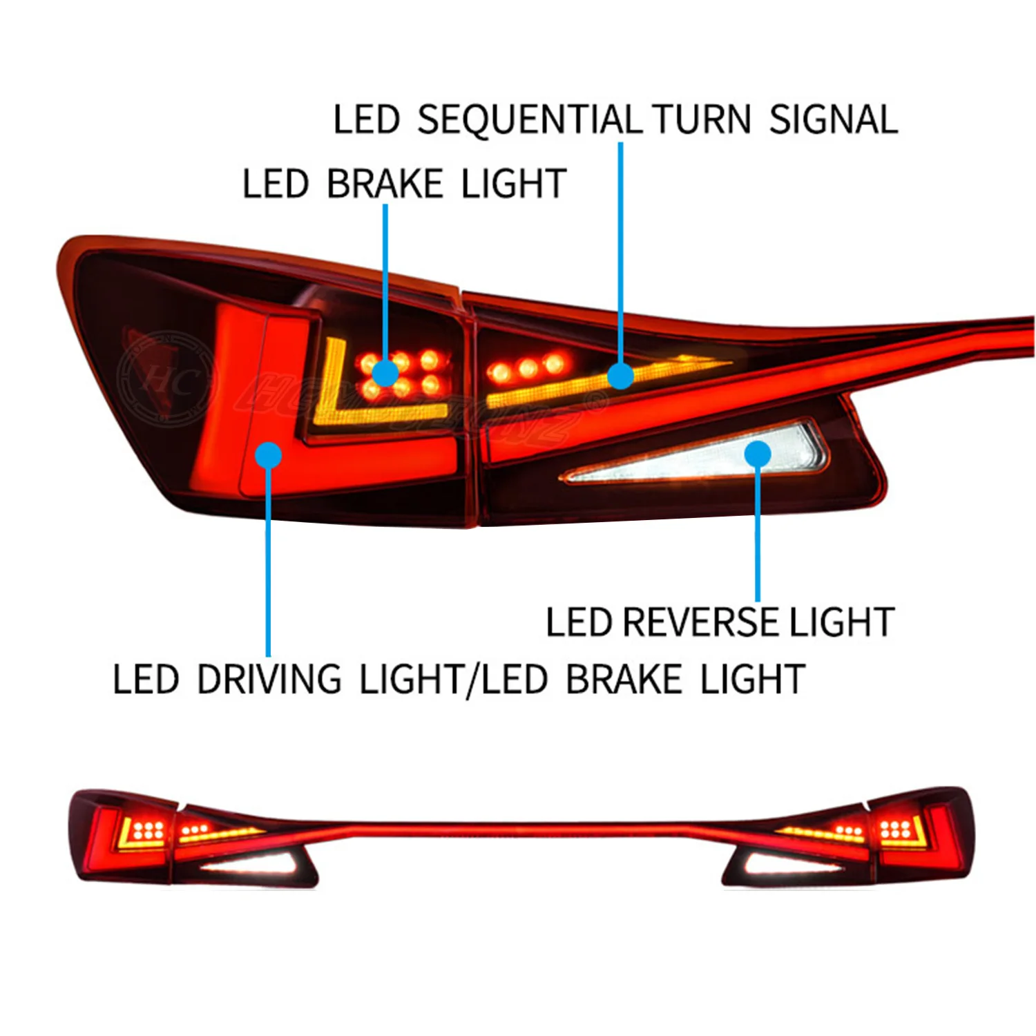 HCMOTIONZ NEW Design LED Tail Lights for Lexus IS 2006-2012 DRL Rear Lamps Assembly IS250 IS350 ISF IS300 220d with Middle Lamp