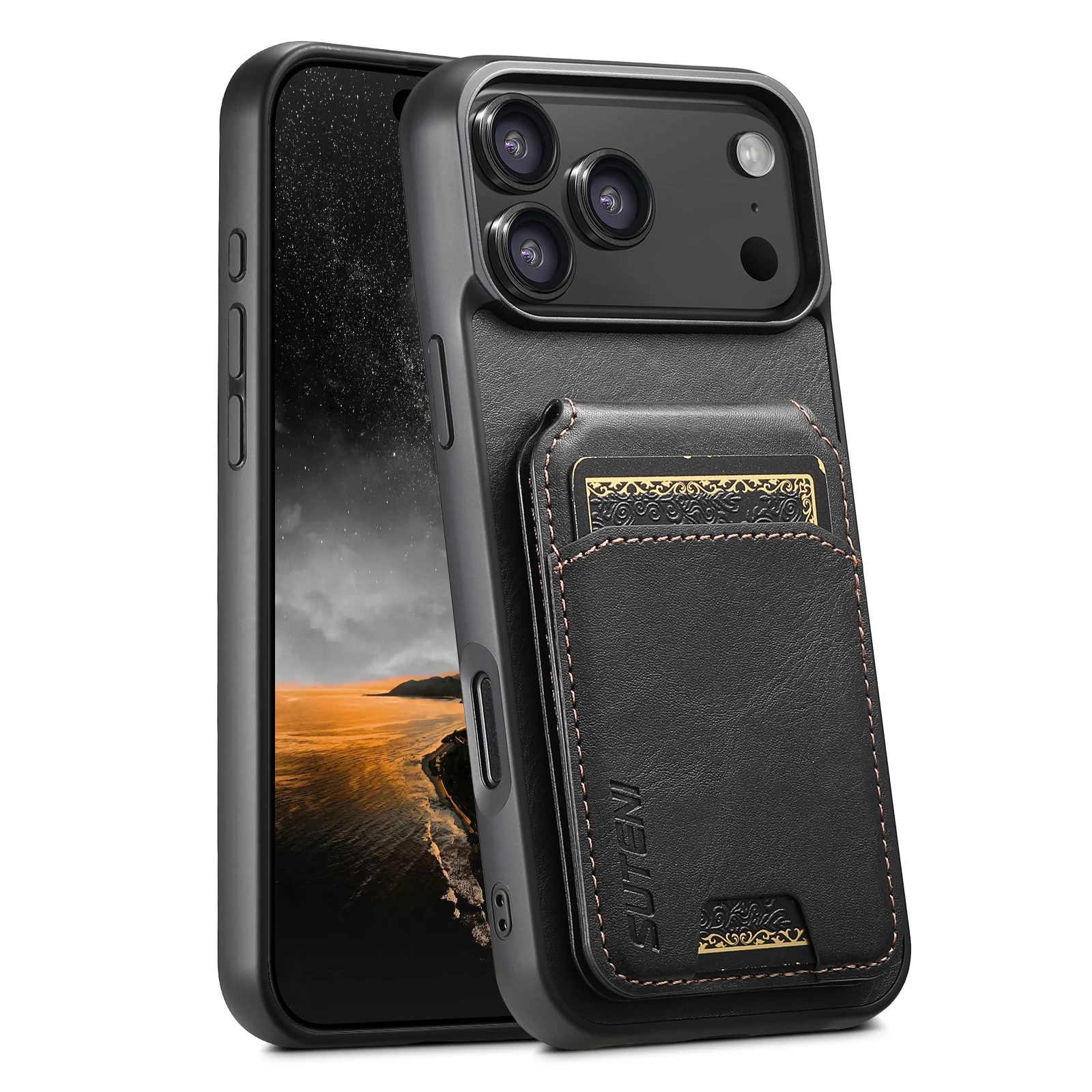 SUTENI Luxus Kunstleder Handyhülle mit glatter Oberfläche, Kartenhalter und Ständer für iPhone 17 Pro Max 17 Air 16 Plus 15 14 13 12 – Detail 20